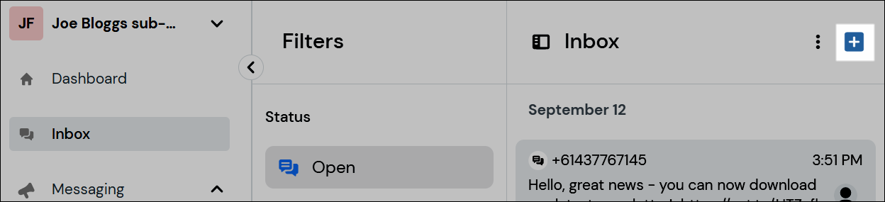 Location of the plus icon to start a new message