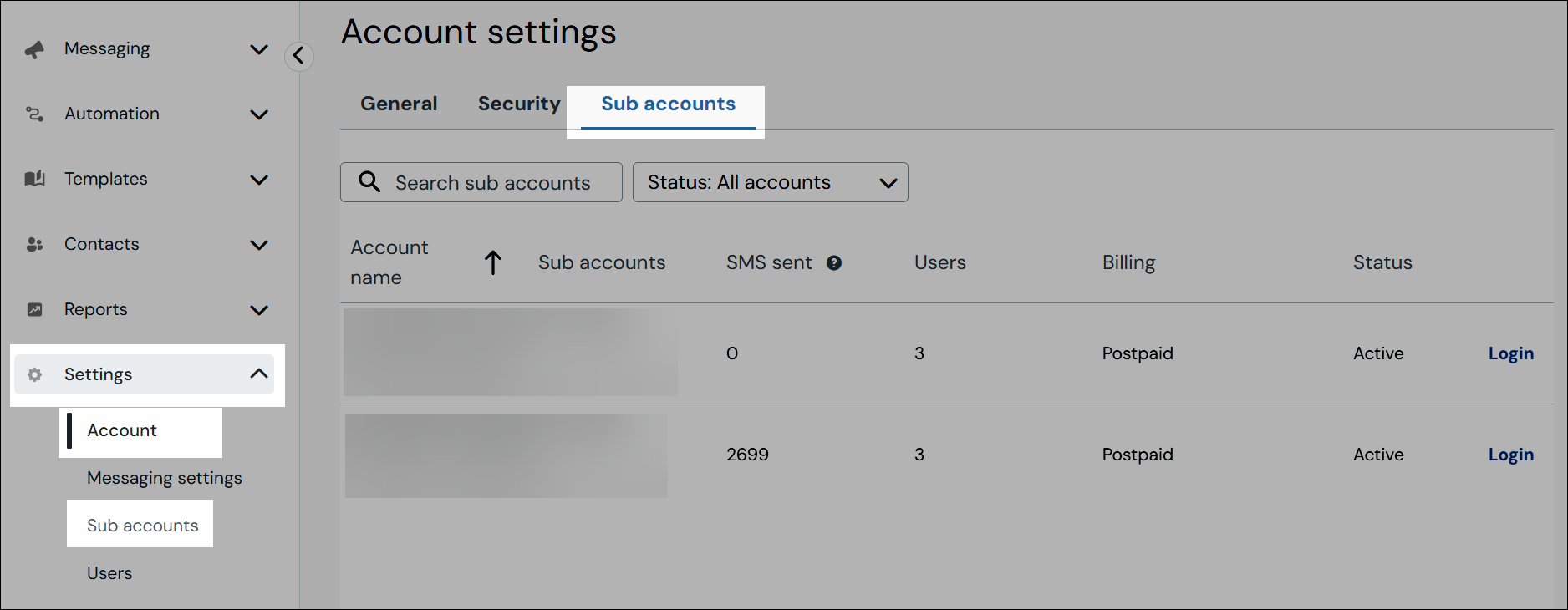 Sub accounts navigation screenshot