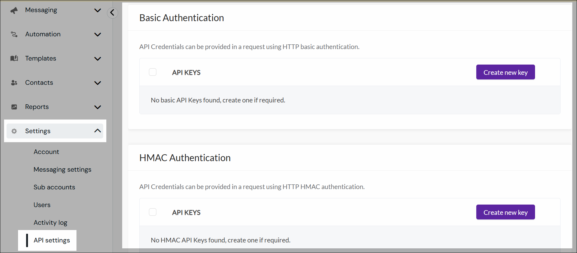 API settings navigation screenshot