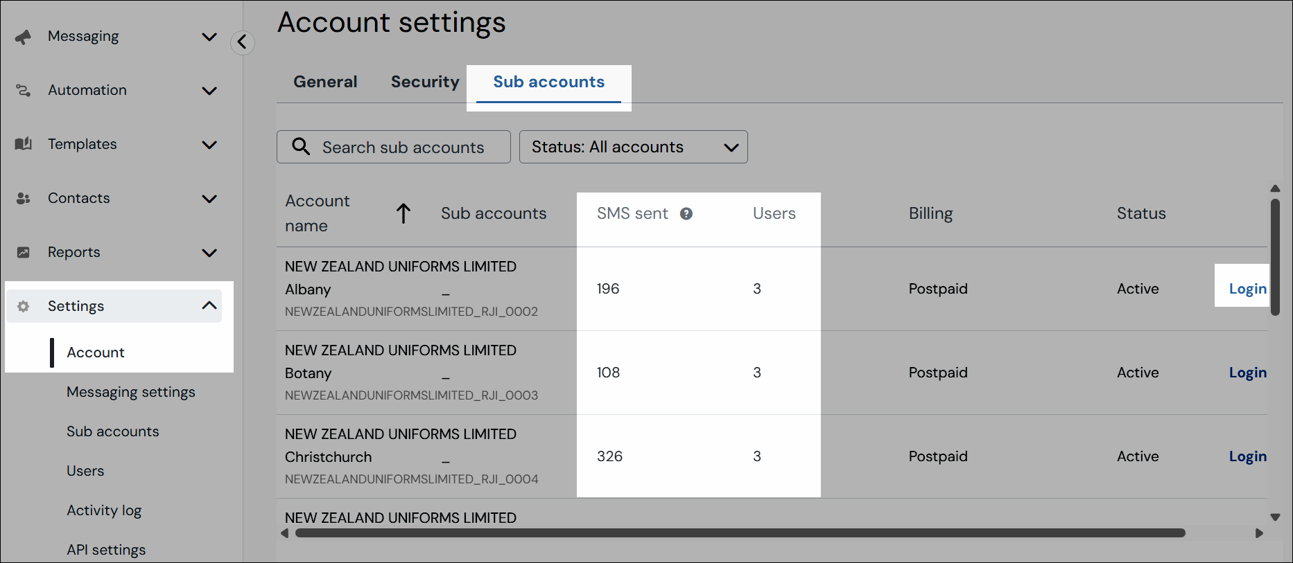 Sub accounts page screenshot
