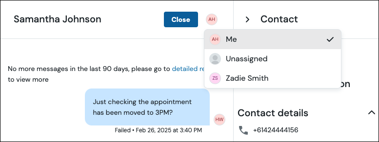 Assign conversation from inside conversation screenshot