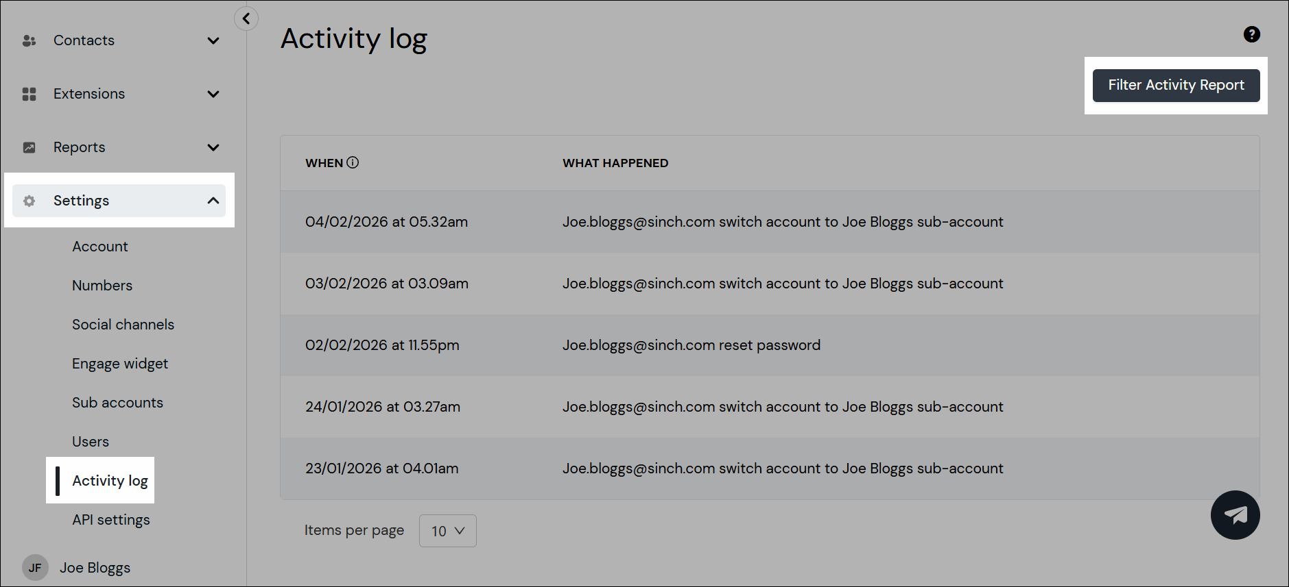 Activity log navigation screenshot