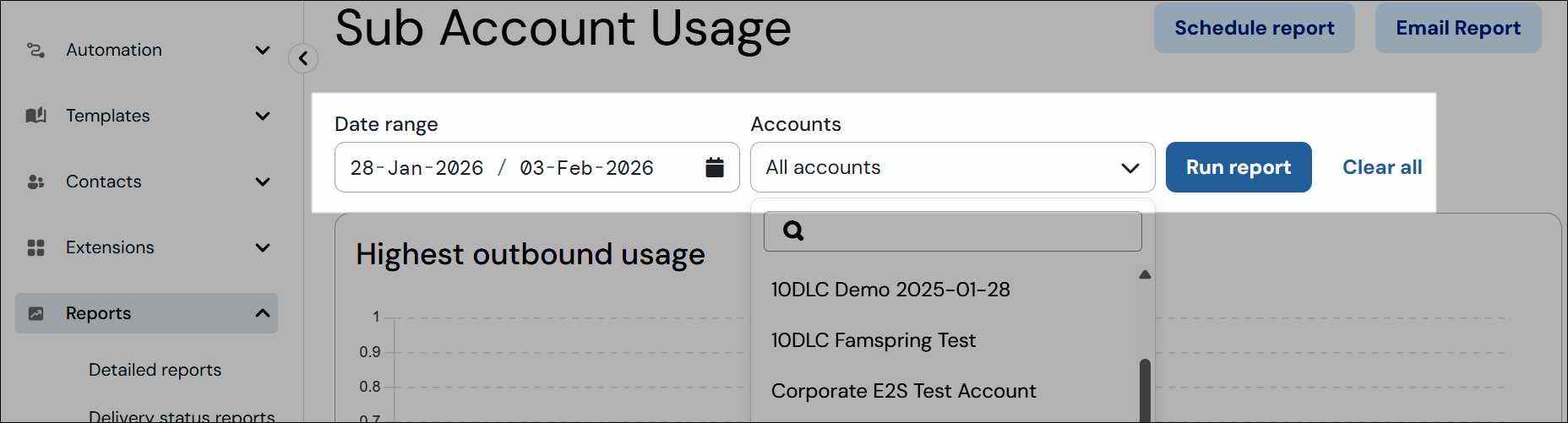 Sub account usage date range and account selection fields and Run report button screenshot.