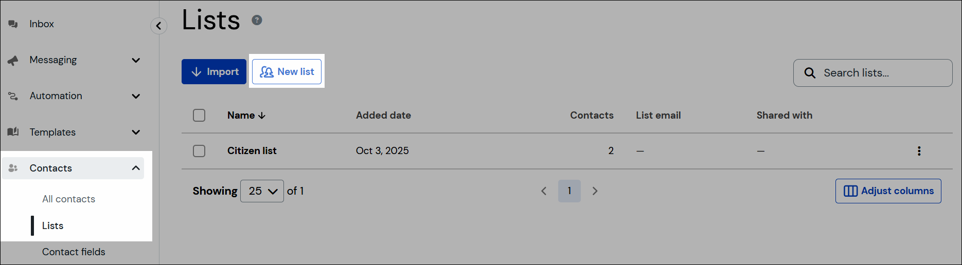 New list modal