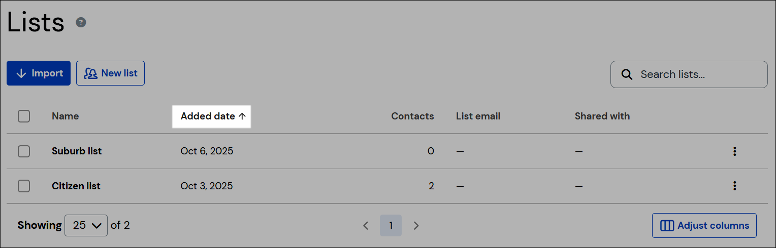 Sort lists by added date screenshot
