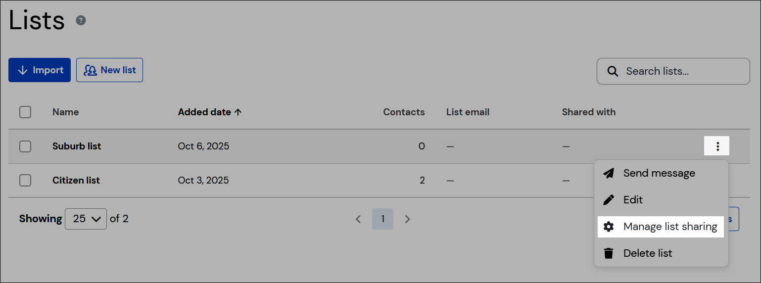 List sharing navigation