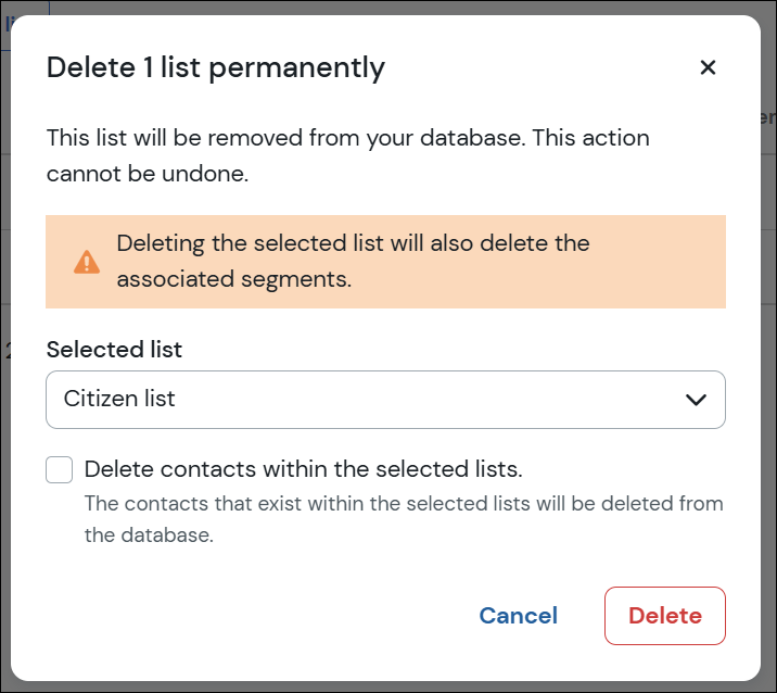 Delete list modal
