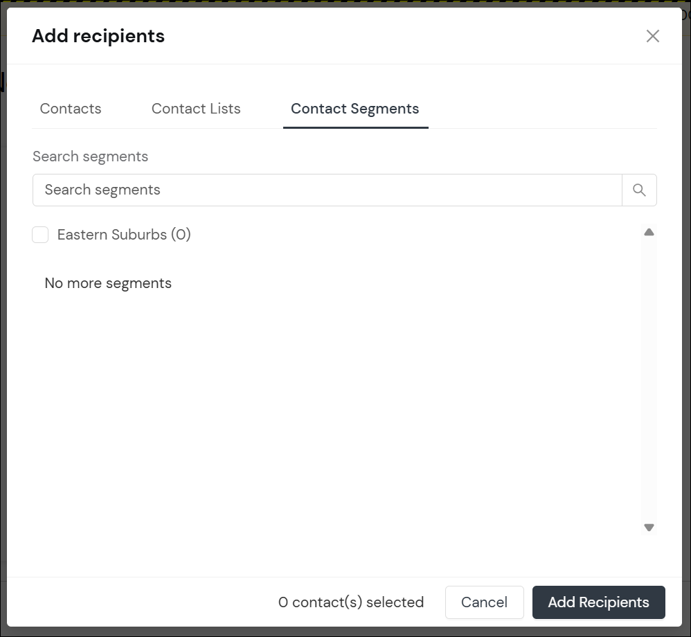 Add recipients segments selection modal