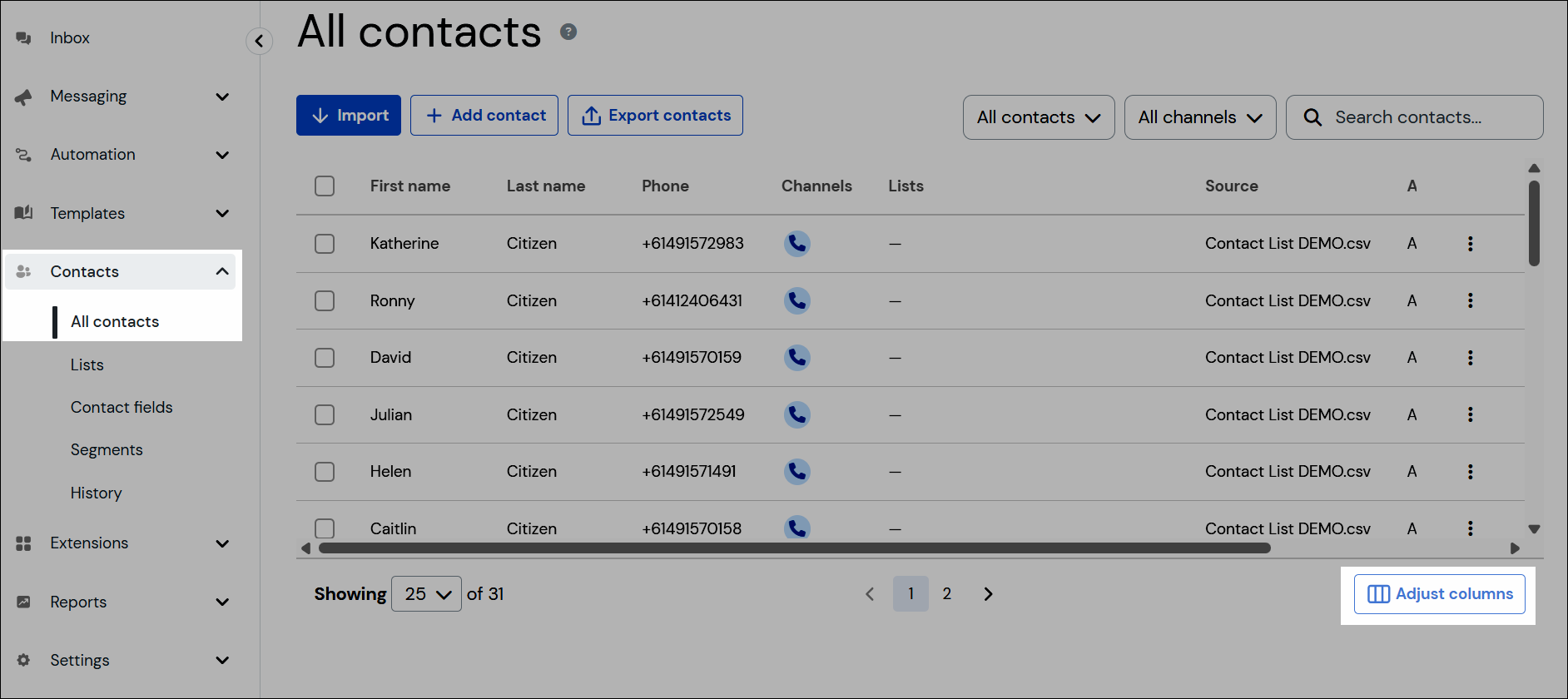 Column configuration navigation screenshot